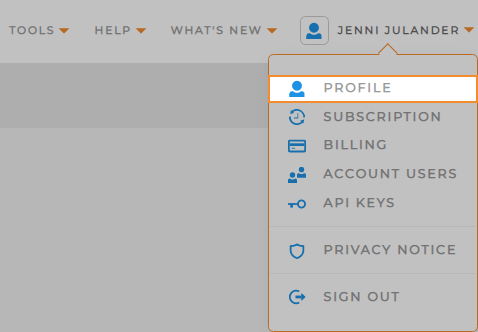 screenshot of the account drop-down menu in Mapline, with 'Profile' highlighted