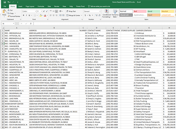 Screenshot of a spreadsheet in Excel displaying address columns