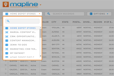 Screenshot of a Mapline dataset with the drop-down menu highlighted