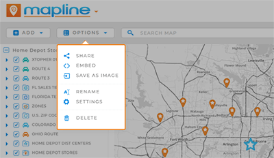 Screenshot of the 'options' menu in mapline maps
