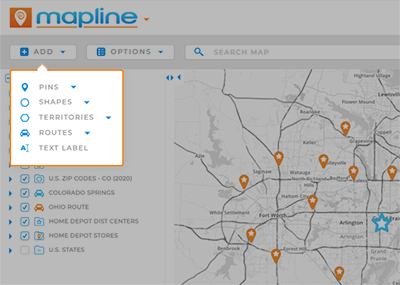 Screenshot of the 'add' menu in mapline maps