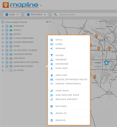 Screenshot of the 'layer folder' menu in mapline maps