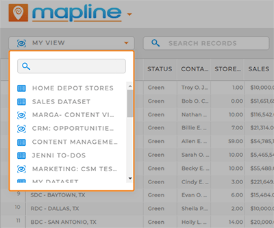 Customize Views: Screenshot of the drop-down menu in Mapline Views
