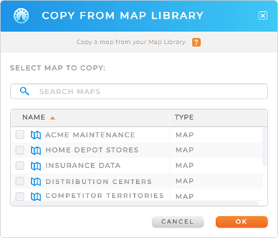Screenshot of the options for importing maps from the map Library into a dashboard in Mapline