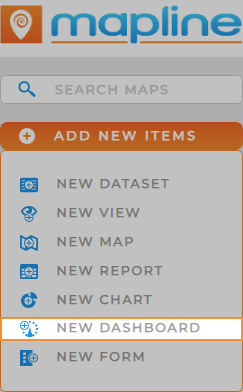 screenshot of the add items menu in Mapline, with 'New Dashboard' highlighted