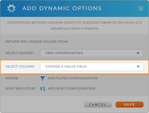 Screenshot of the Add Dynamic Options lightbox in Mapline, with 'Select Column' highlighted