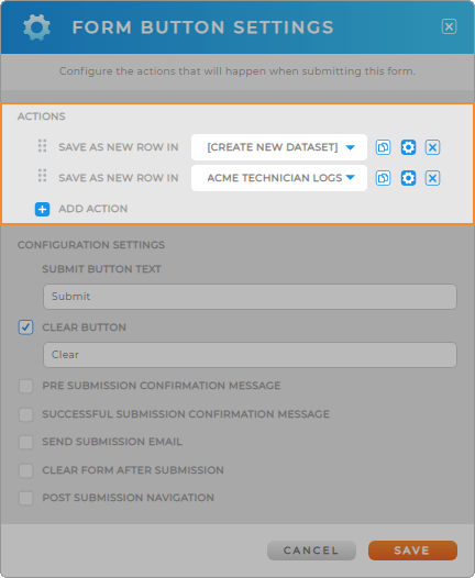 Screenshot of the Form Button Settings lightbox in Mapline, with Actions highlighted
