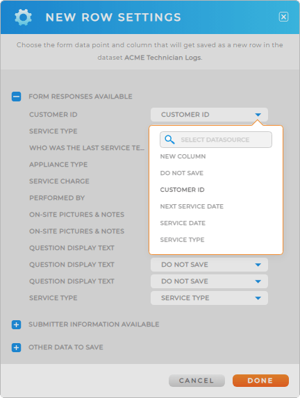 screenshot of the New Row Settings lightbox in Mapline, with the drop-down menu options highlighted