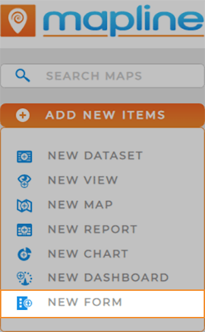 Screenshot of the Add New Items menu in Mapline, with "New Form" highlighted