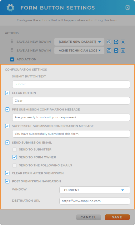 Screenshot of the Form Button Settings lightbox in Mapline, with configuration settings highlighted