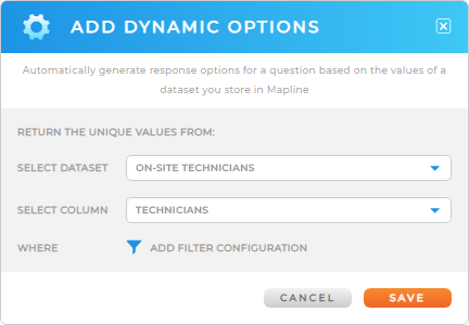 Screenshot of the Dynamic Question Options lightbox in Mapline Forms