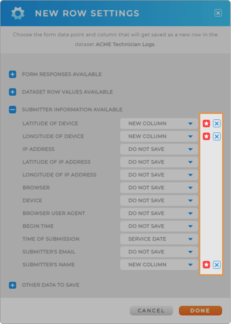 Screenshot of the Form Button Settings lightbox in Mapline, with row settings highlighted