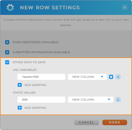 Screenshot of the Form Button Settings lightbox in Mapline, with row settings highlighted