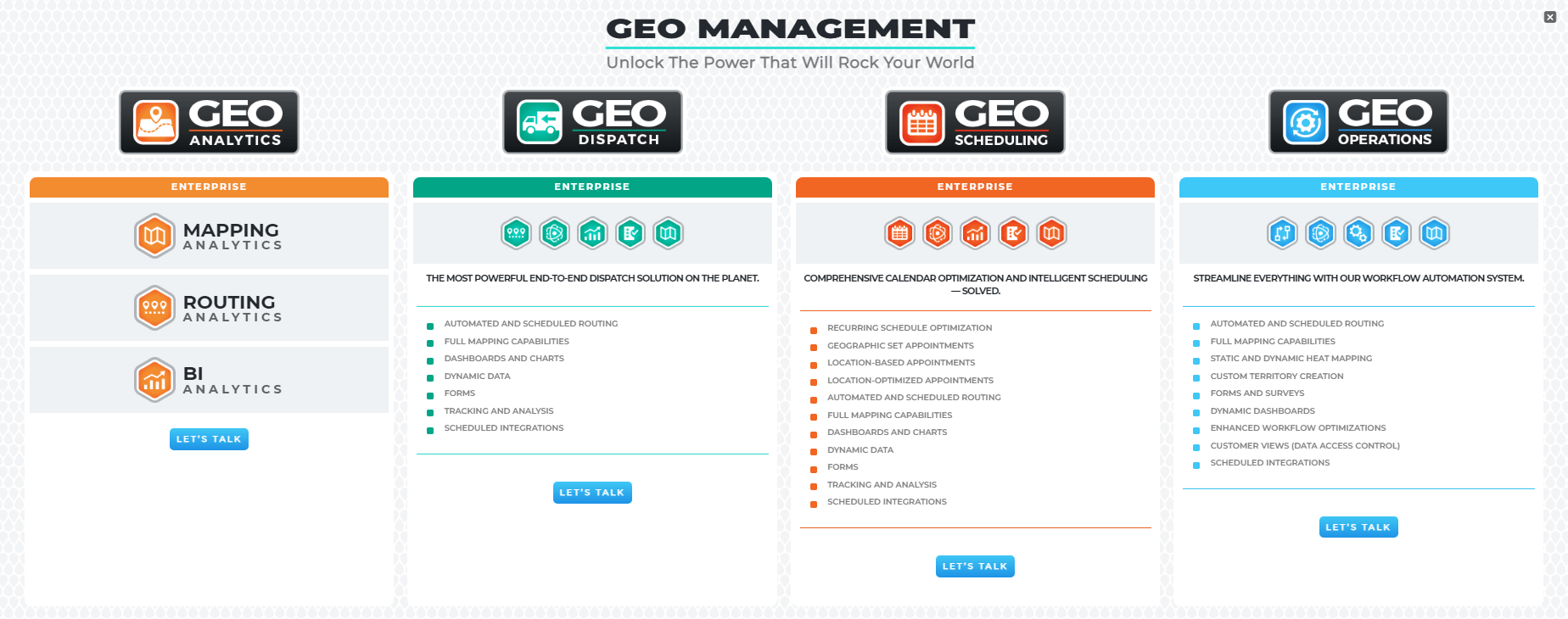 screenshot of a comparison of all of Mapline's Geo Management products