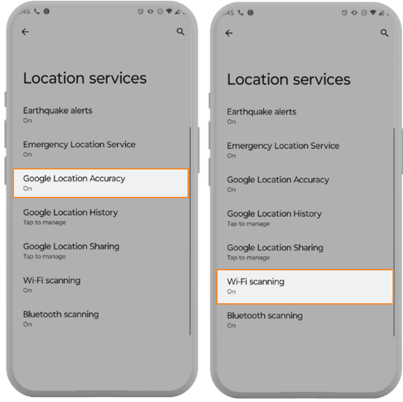 Screenshot of Android location services and wifi settings