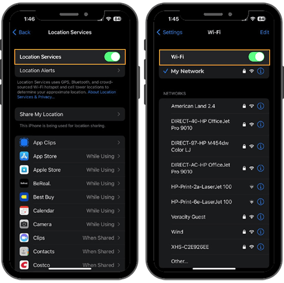 Screenshot of Apple location services and wifi settings