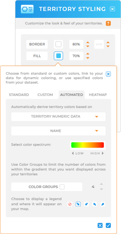 Screenshot of the Territory styling lightbox in Mapline, with dynamic styling highlighted