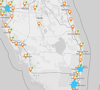 screenshot of a map of Florida, with blue stars and orange pins.