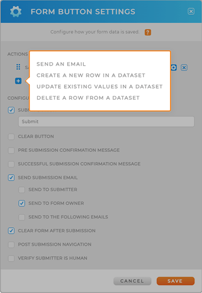 Screenshot of the submit button settings in Mapline Forms, showing automation options