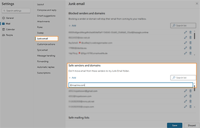 Screenshot of Outlook email settings