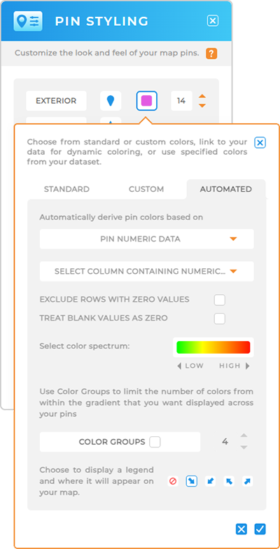 Screenshot of Pin styling lightbox in mapline, with pin numeric data highlighted