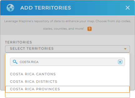 Add Costa Rica Provinces to your map in Mapline