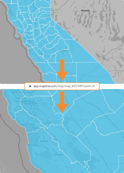 Image showing a map of California zoomed out. After adding '?zoom=8' to the URL bar, the map zooms in to specific California counties.