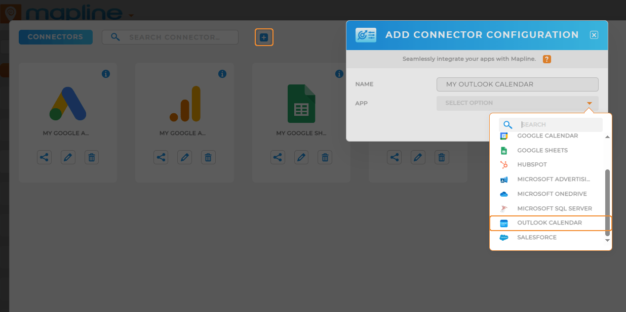 Add a new connector to integrate Outlook Calendar with Mapline