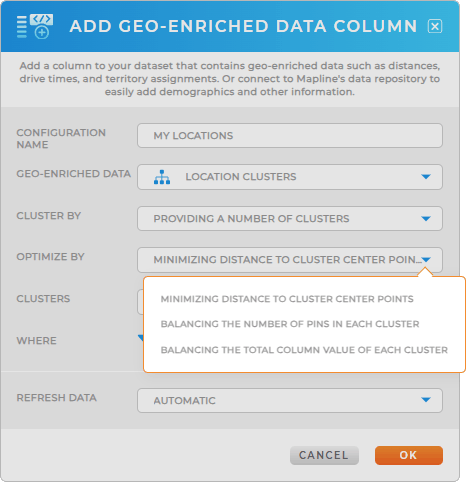 Screenshot of a purple radius circle on a grayscale map. Four blue pins and one yellow pin lie within the circle. Two blue pins lie outside of the circle.