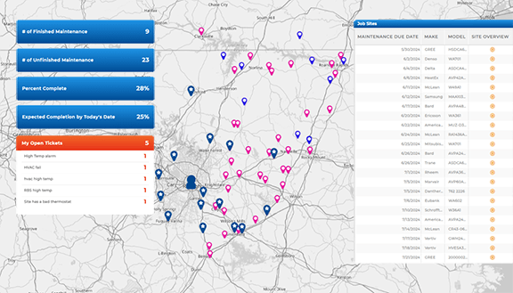 Screenshot of a purple radius circle on a grayscale map. Four blue pins and one yellow pin lie within the circle. Two blue pins lie outside of the circle.