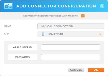 Add your Apple ID and password to finalize your iCalendar connection with Mapline