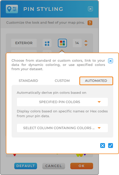 Screenshot of the AUTOMATED tab in Mapline's pin styling lightbox