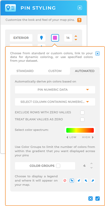 Screenshot of Pin styling lightbox in mapline, with pin numeric data highlighted