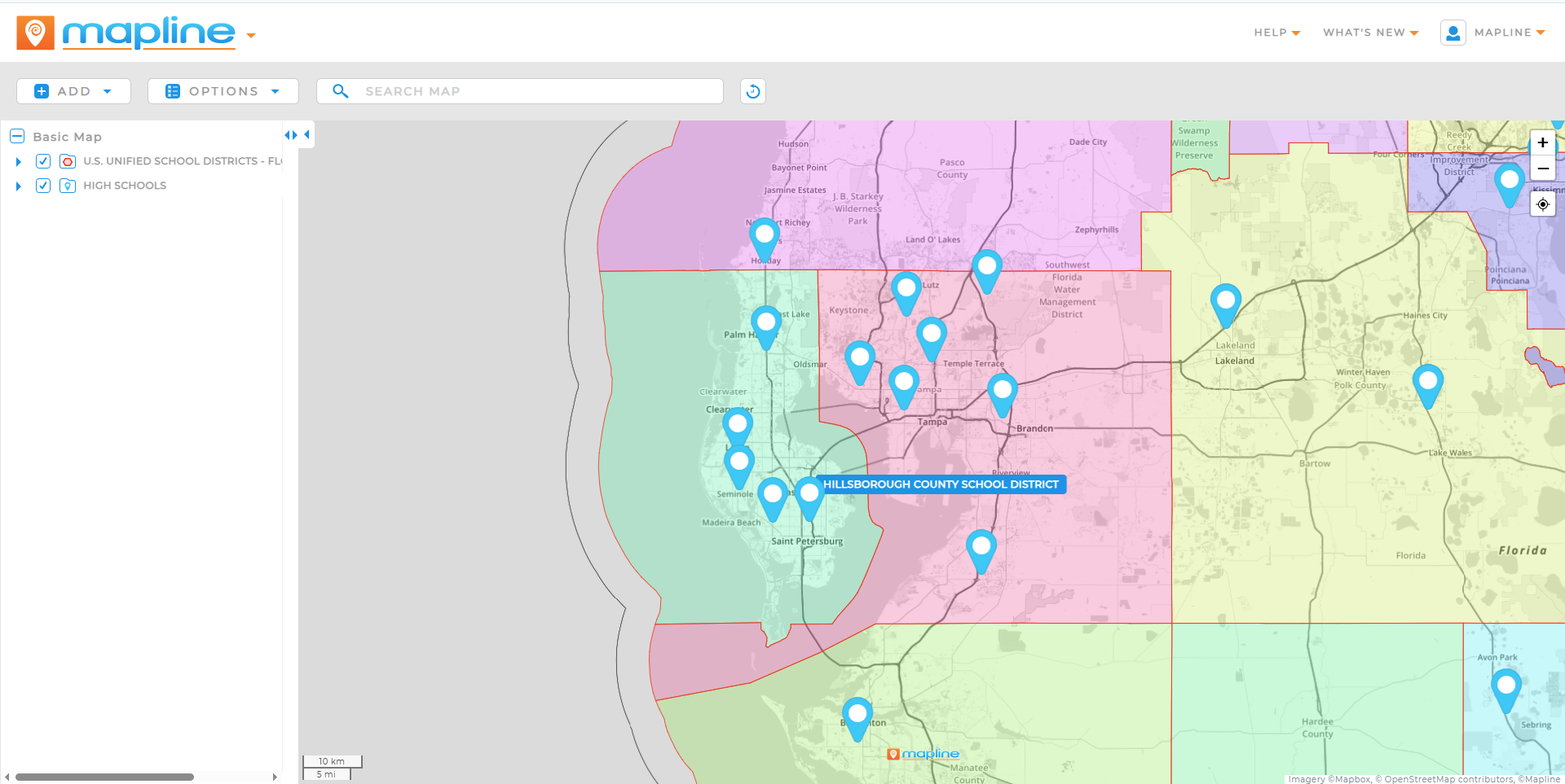 Screenshot of a Mapline map with labels that match the associated pin color